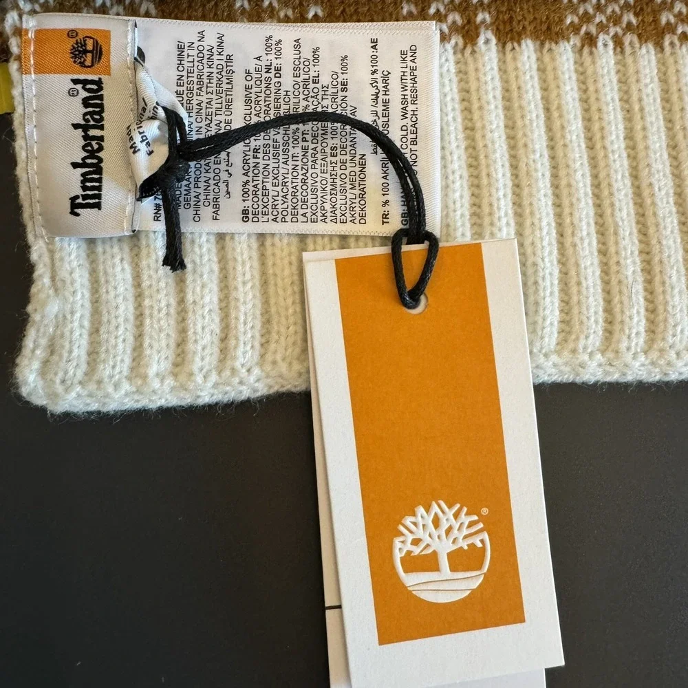 Timberland‎ Scarf Unisex OS Wheat Brown Plaid Knit Logo NEW